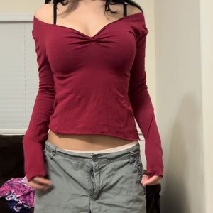 Red off shoulder sweetheart neckline y2k vintage long sleeve